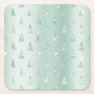 Mint Green Glitter Sparkle Christmas Trees   Square Paper Coaster