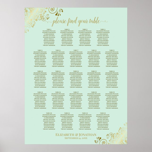 Mint Green & Gold 23 Table Wedding Seating Chart (Front)