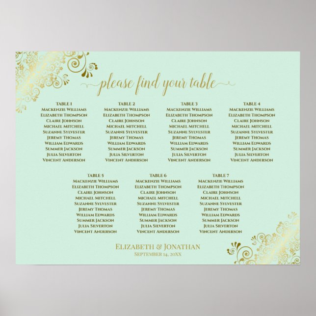 Mint Green & Gold 7 Table Wedding Seating Chart (Front)