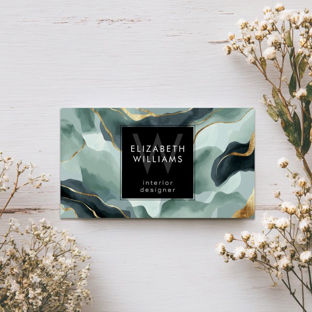 Mint Green Gold Abstract Monogram Business Cards (Creator Uploaded)