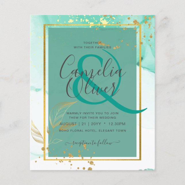 Mint Green Gold Alcohol Ink Abstract Wedding Flyer (Front)