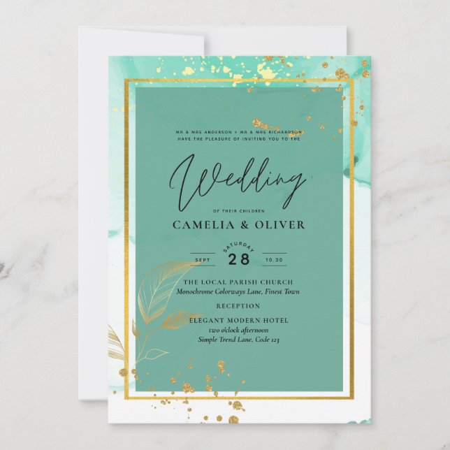 Mint Green Gold Alcohol Ink Abstract Wedding Invitation (Front)