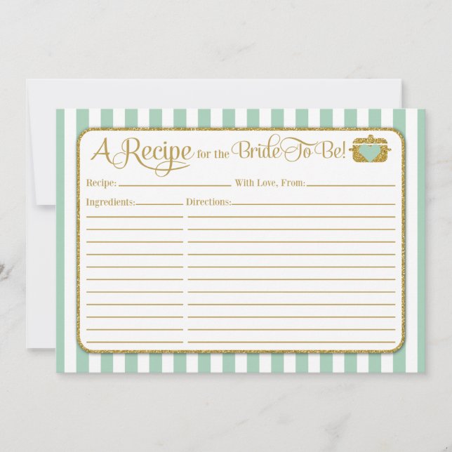 Mint Green Gold Bridal Shower Recipe Card (Front)