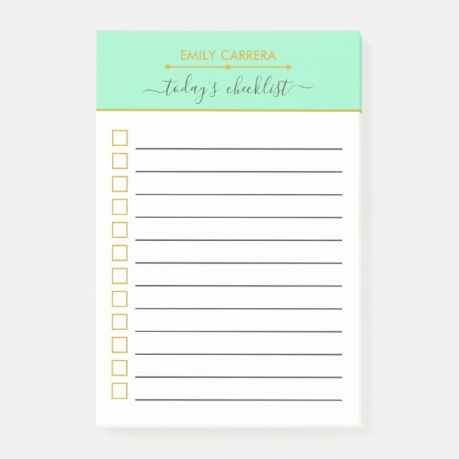 Mint Green Gold Checklist Personalised To do List Post-it Notes (Front)