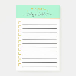 Mint Green Gold Checklist Personalized To do List Post-it Notes