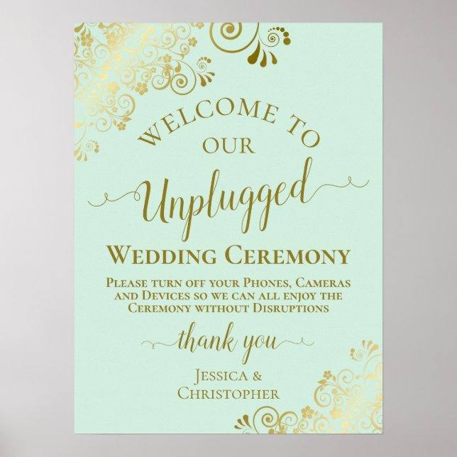 Mint Green & Gold Chic Unplugged Wedding Ceremony Poster (Front)