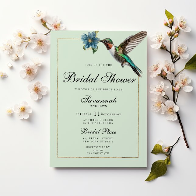 Mint green gold colourful hummingbird Bridal Showe Invitation (Mint green gold colorful hummingbird Bridal Shower )