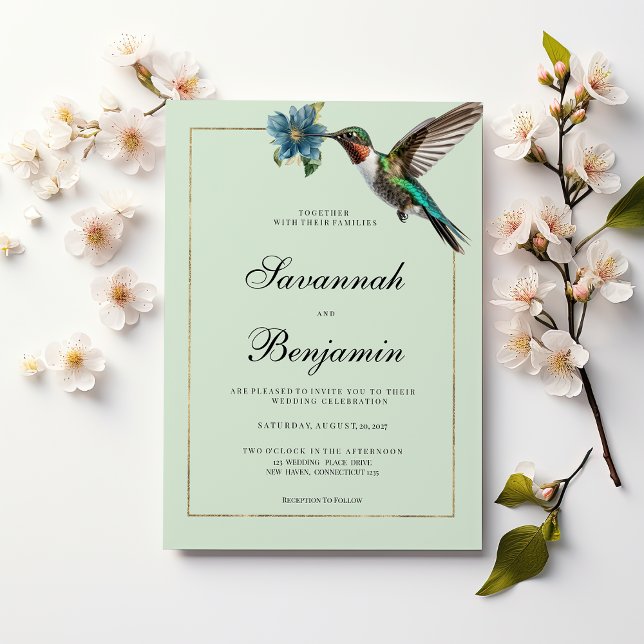 Mint green gold colourful hummingbird wedding invitation (Mint green gold colorful hummingbird )