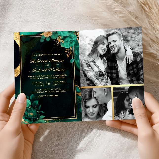 Mint Green Gold Floral Marble QR Code Wedding Invitation (Creator Uploaded)
