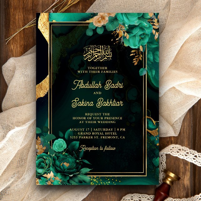 Mint Green Gold Floral QR Code Muslim Wedding Invitation (Creator Uploaded)