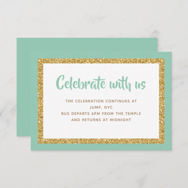 Mint Green & Gold Glitter Bar Mitzvah Insert Card (Front/Back)
