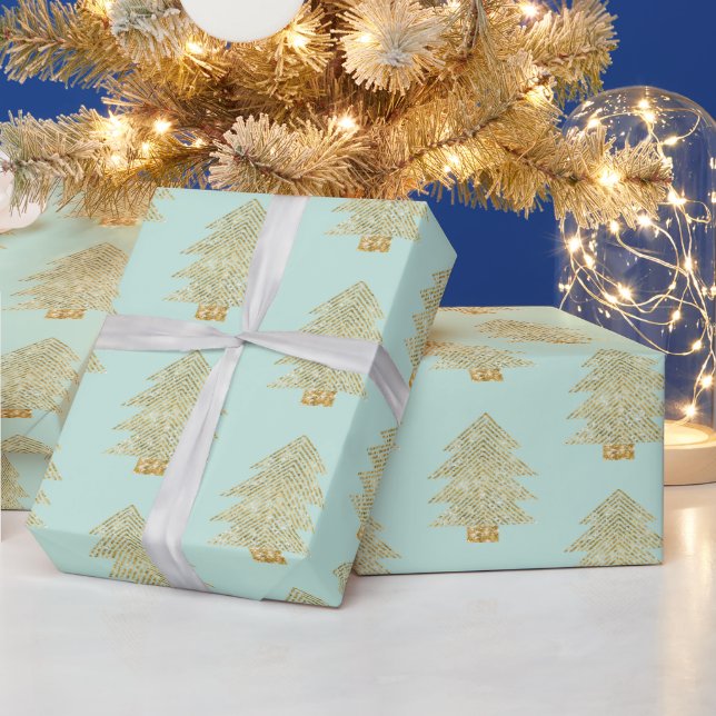 Mint Green Gold Glitter Christmas Trees Wrapping Paper (Holidays)