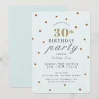 Mint Green & Gold Glitter Dots Birthday Invitation