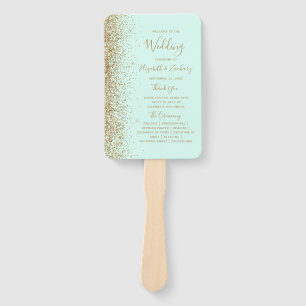 Mint Green Gold Glitter Wedding Program Hand Fan