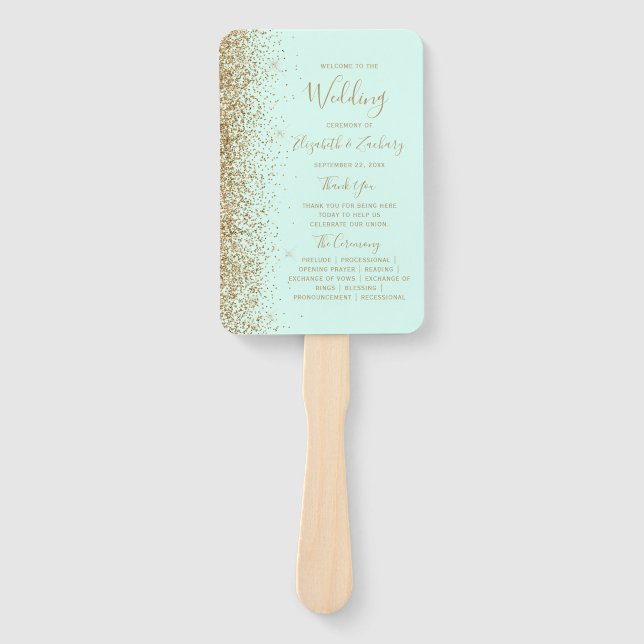 Mint Green Gold Glitter Wedding Program Hand Fan (Front)