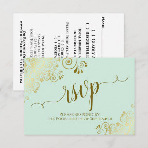 Mint Green & Gold Lace Elegant Calligraphy Wedding RSVP Card