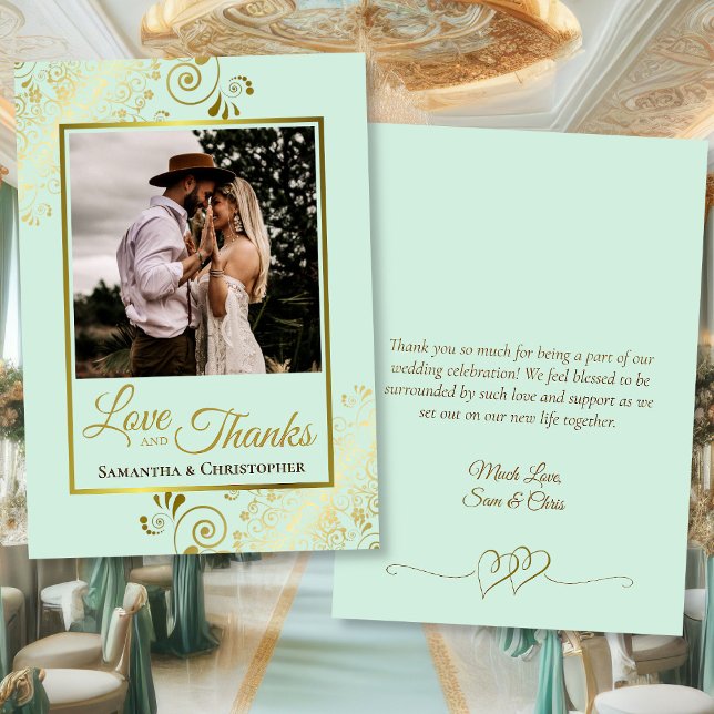 Mint Green & Gold Love & Thanks Photo Note Wedding Thank You Card (Front/Back)