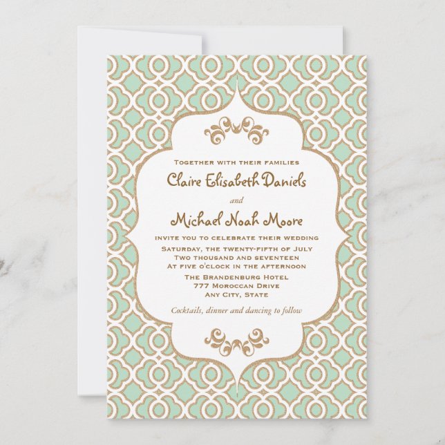 Mint Green Gold Moroccan Wedding Invitations (Front)