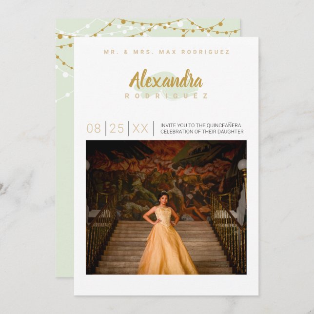 Mint Green & Gold Photo Quinceanera Invitation (Front/Back)