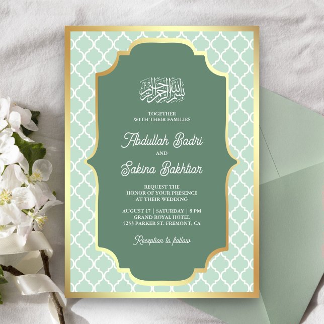 Mint Green Gold Quatrefoil Pattern Muslim Wedding Invitation (Creator Uploaded)