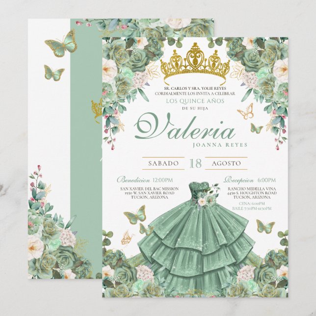 Mint Green Gold Rose Elegant Princess Quinceanera Invitation (Front/Back)