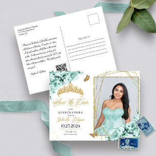 Mint Green & Gold Tiara Quinceañera Photo Postcard