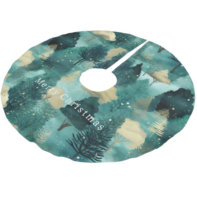 Mint Green Gold Trees Christmas Brushed Polyester Tree Skirt (Angled)