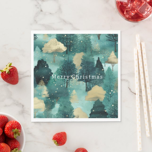 Mint Green Gold Trees Christmas Napkin (Insitu)
