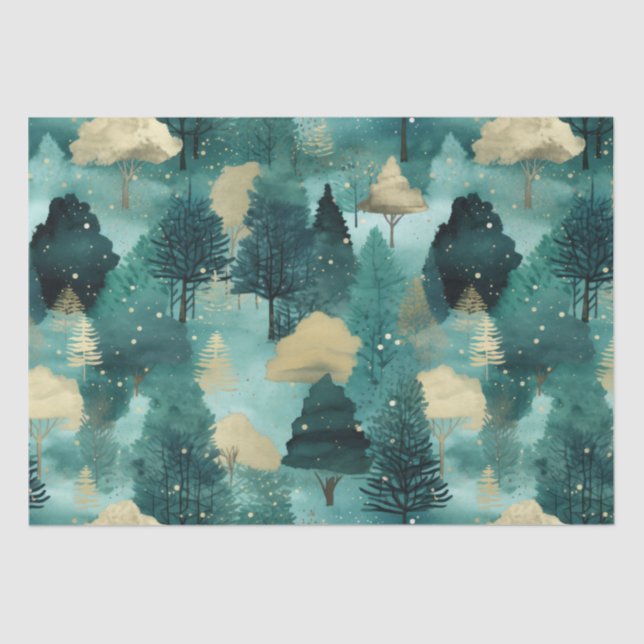 Mint Green Gold Trees Christmas Tissue Paper (Front)