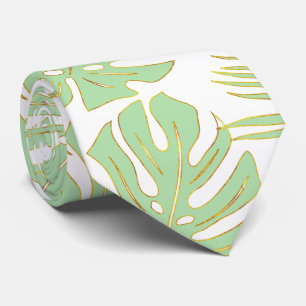 Mint green, gold tropical monstera and palm leaves tie
