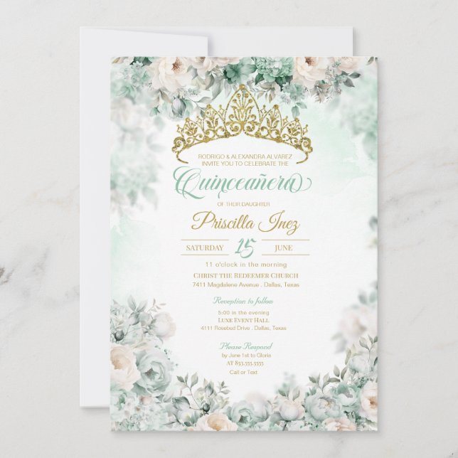 Mint Green & Gold Watercolor Floral Quinceañera Invitation (Front)