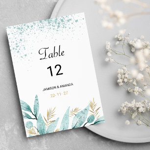 Mint green gold watercolor foliage Table Numbers