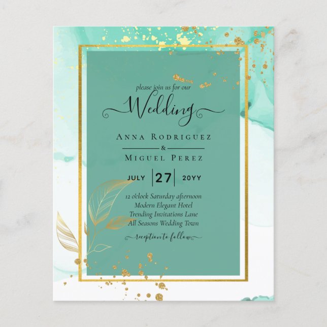 Mint Green Gold WEDDING Alcohol Ink Abstract Flyer (Front)
