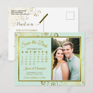 Mint Green & Gold Wedding Save Date Calendar Photo Announcement Postcard