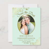Mint Green & Gold Wedding Save the Date Oval Photo