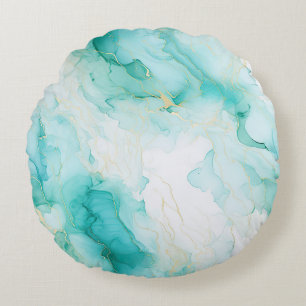 Mint Green Gold White Marble Round Cushion