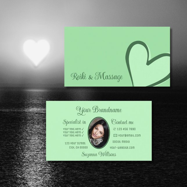 Mint Green Gorgeous Heart Modern with Photo Cute Business Card (Creator Uploaded)