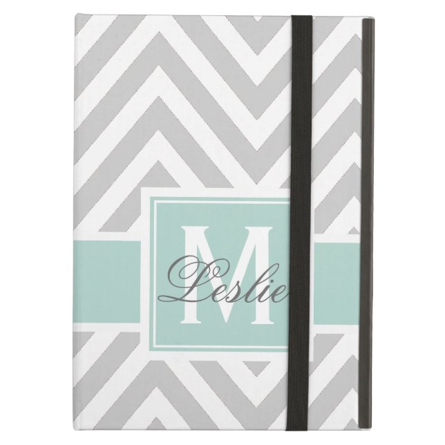 MINT GREEN, GRAY CHEVRON PATTERN PERSONALIZED CASE FOR iPad AIR (Front Closed)