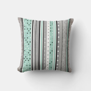 Mint Green Grey and White Striped Polka dot Cushion