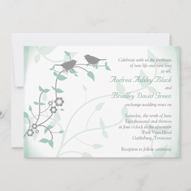 Mint Green Grey Birds Wedding Invitation (Front)