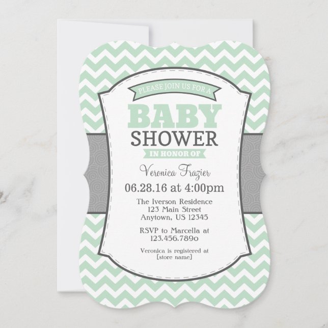 Mint Green Grey Chevron Baby Shower Invitation (Front)