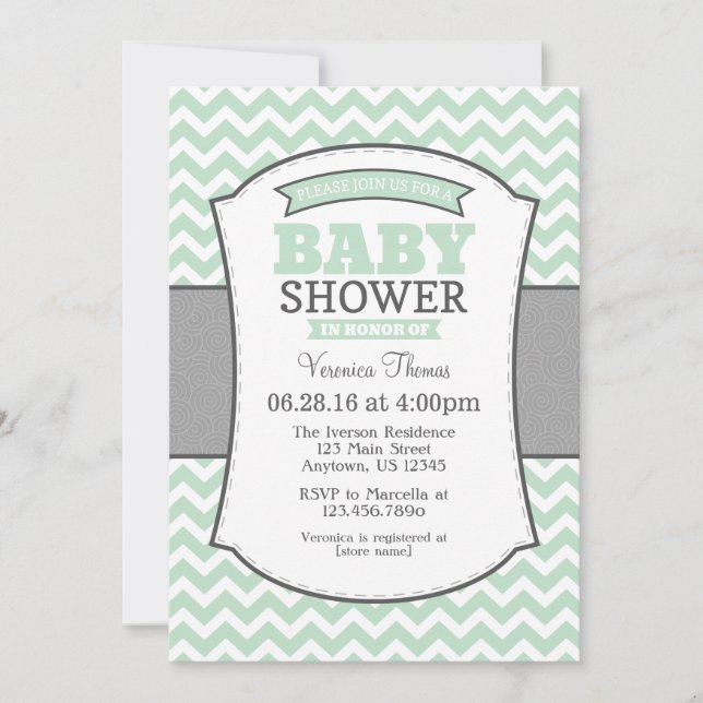 Mint Green Grey Chevron Baby Shower Invitation (Front)
