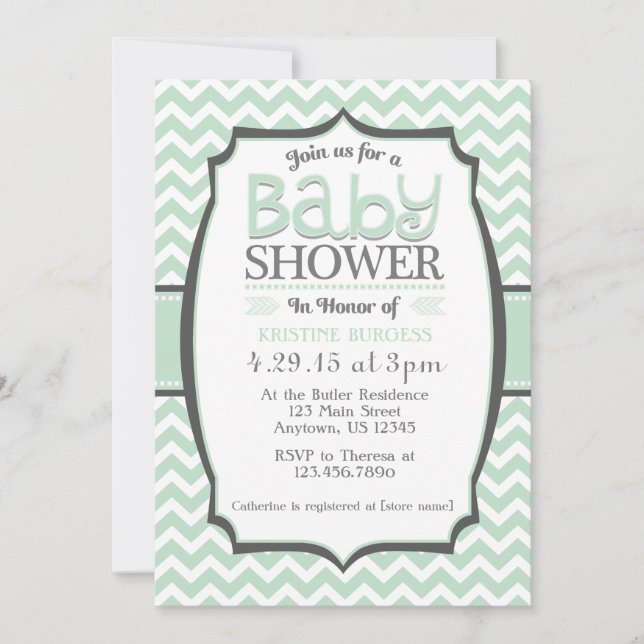 Mint Green Grey Chevron Baby Shower Invitation (Front)