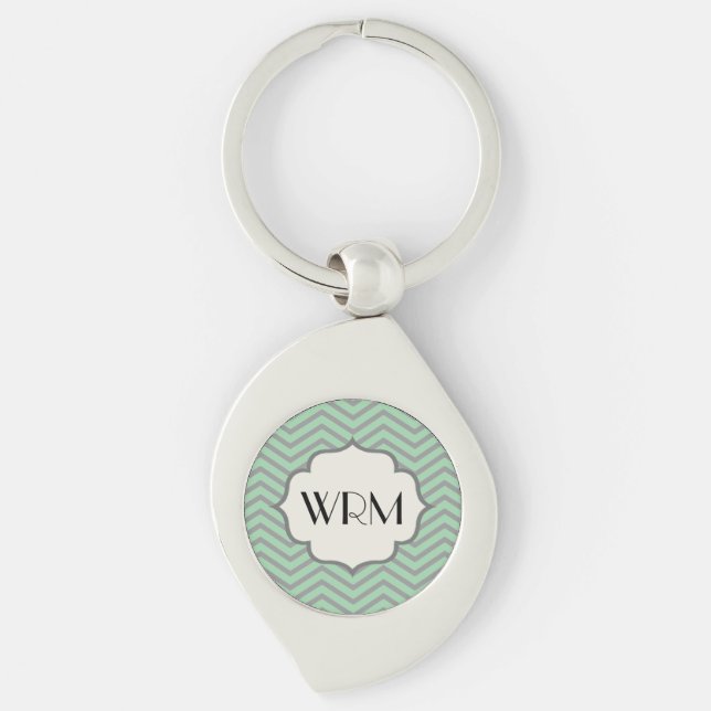 Mint Green Grey Chevron Patterned Monogrammed Key Ring (Front)