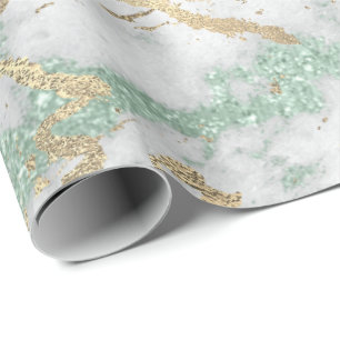 Mint Green Grey Foxier Gold Marble Shiny Metallic Wrapping Paper