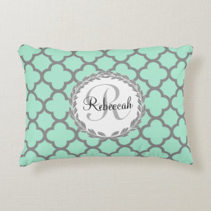 Mint Green Grey Quatrefoil Name Monogrammed Laurel Decorative Cushion