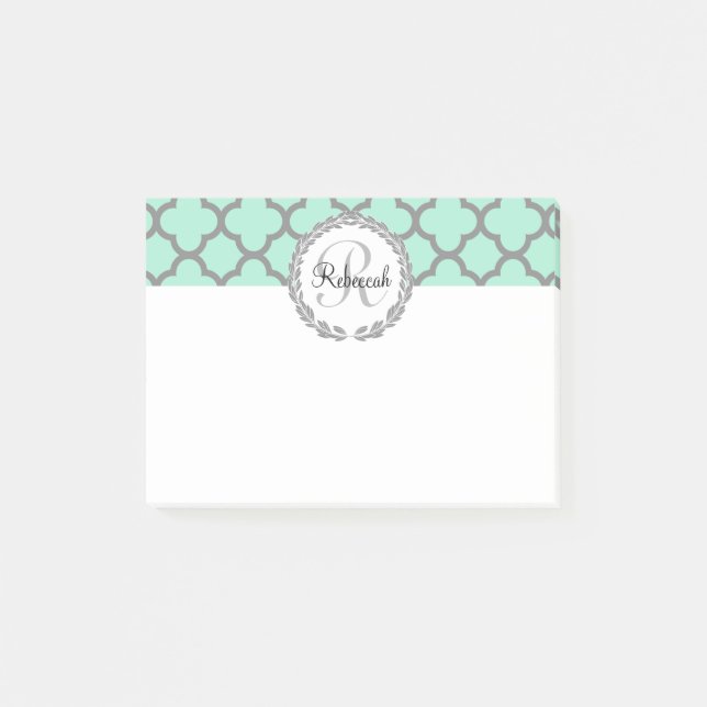 Mint Green Grey Quatrefoil Name Monogrammed Laurel Post-it Notes (Front)