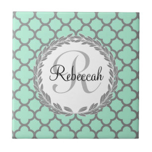 Mint Green Grey Quatrefoil Name Monogrammed Laurel Tile