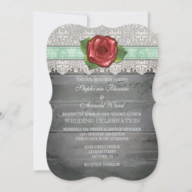 Mint Green Grey Rustic Wood Rose Wedding Invite (Front)