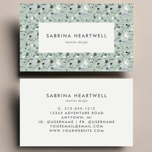 Mint Green Grey Terrazzo Pattern Interior Design Business Card (Creator Uploaded)